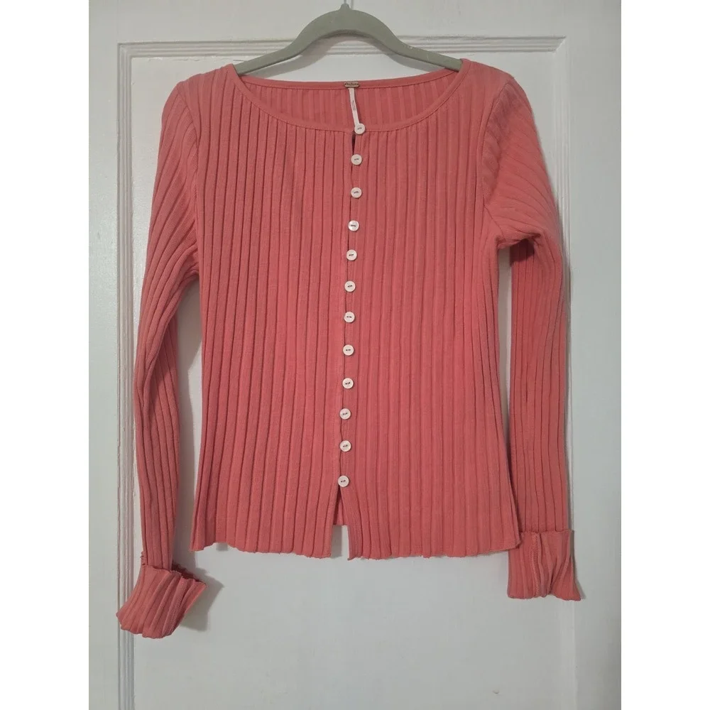 Free People Tilly Long Sleeve Crab Apple Cardigan Rib Knit Buttondown Size L